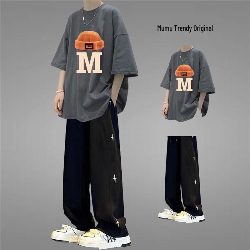 Men's Stylish Hong Kong Summer Outfit: Star Print Short Sleeve Top & Straight Leg Long Pants with Hat