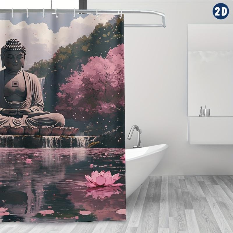 Serene Buddha in Lotus Position Shower Curtain - Pink Sakura & Waterfall Design, Durable Polyester,Ideal for Bath & Window Decor