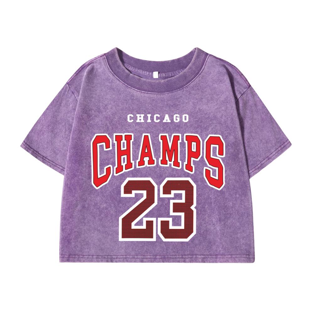 Women Cotton Washed T-Shirts Fashion Regular Fit O-Neck Crop Tops Chicago Champs 23 Printing Short Sleeve Clothes