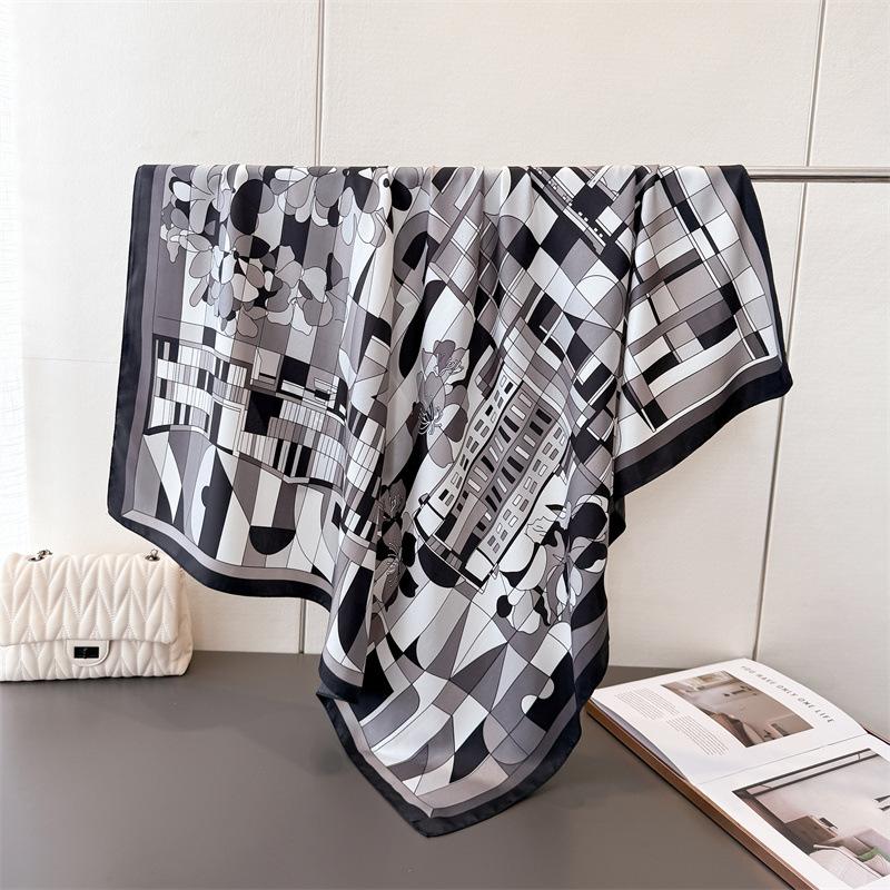 Luxury Women's Soft Satin Hair Scarves Fashion Square Geometric Printed Headscarf 90cm Professional Accessories Designer Scarf
