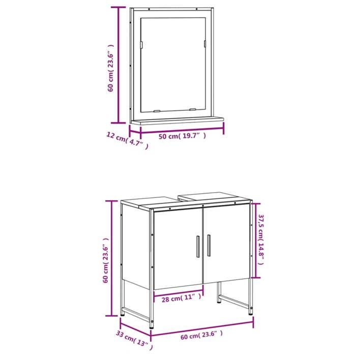 VidaXL Set of 2 Bathroom Cabinets, Vanity Unit with Shelf and Mirror, Toilet Storage Cabinet, 3214337