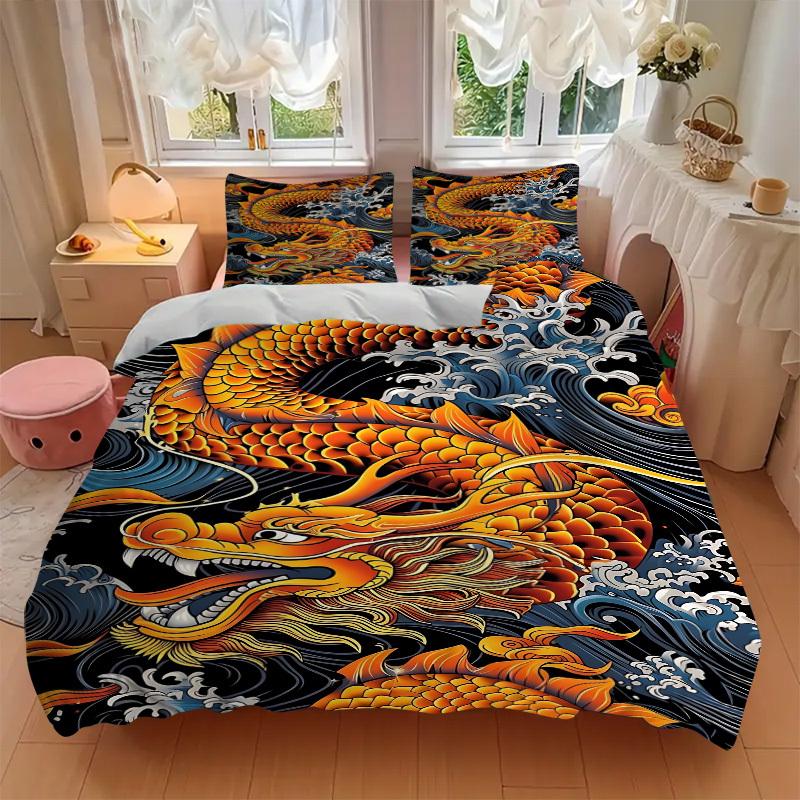 3pcs Dragon Wave Design Duvet Cover Set - Machine Washable, Includes 1 Cover and 2 Pillowcases, No Core Included yy251013136
