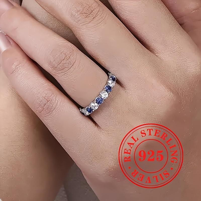 925er Echtsilber schlichtes und stilvolles Ring-Set besetzt mit blauen und weißen synthetischen Zirkonsteinen, Schmuck für Damen für Feiertage, Freizeit, Partys, ein Valentinstagsgeschenk