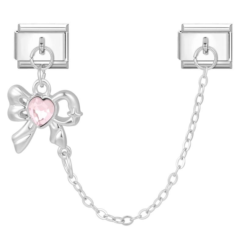 Y2K Zircon Moon Bow Star Pink Heart Tassel Chain Italian Charm Links Fit 9MM Stainless Steel Bracelet Women DIY Making Jewelry