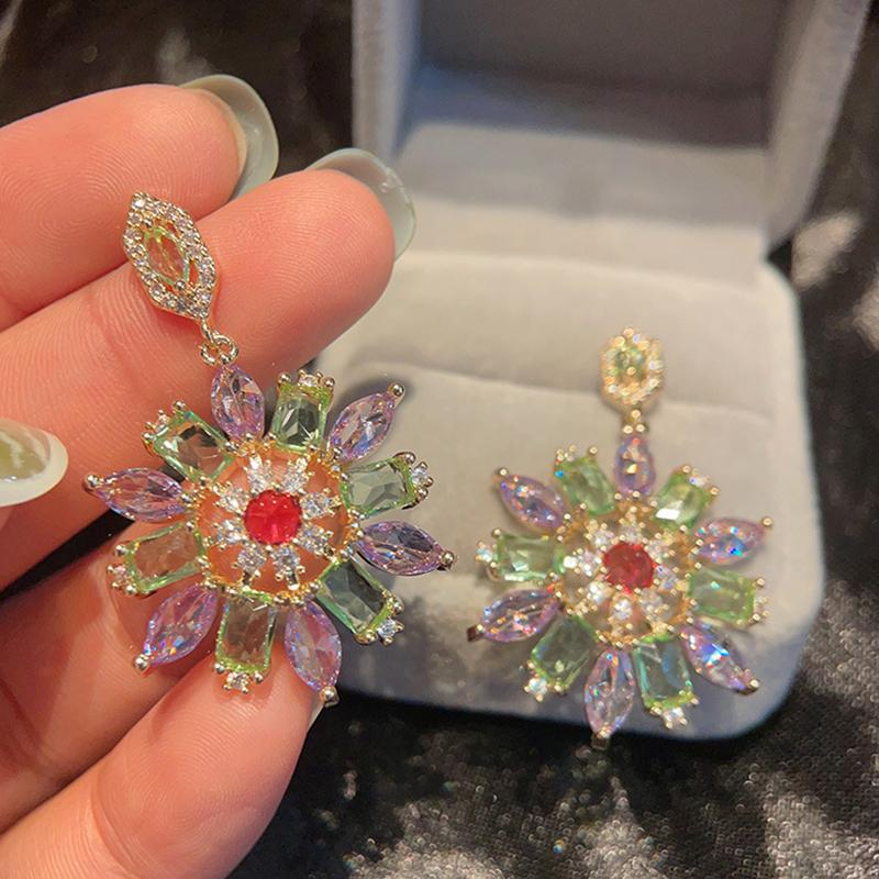 Mixed Color Zircon Micro Inlaid Flower Earrings for Women with Copper Plated Temperament Earrings Short Style Decorative Face