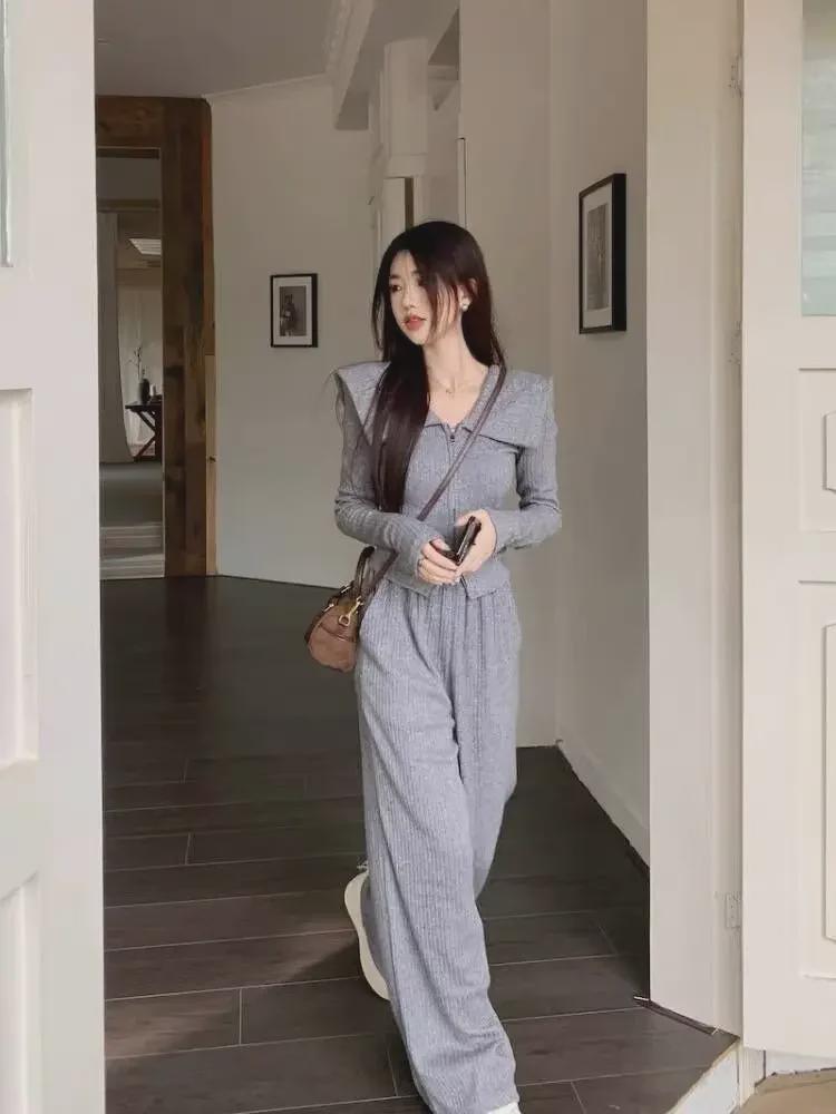 2024 Hong Kong Style Chic Women's Two-Piece Suit: Slim Lapel Top & Wide-Leg Pants