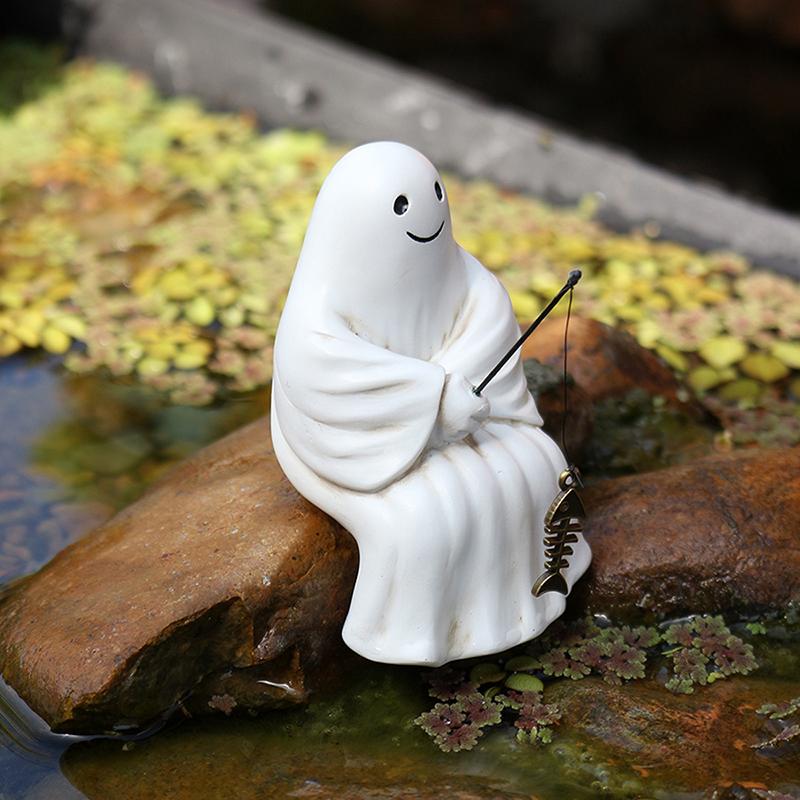 Fishing Ghost Statue Mini Ghost Figurines Halloween Gothic Decor Resin Cute Ghost Fisher Sculpture For Outdoor Garden Pond