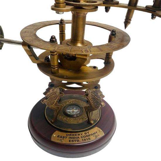 Brass Solar System Orrery With Wooden Base Sun, Earth And Moon Fully Handmade Working Model Home And Office Decor