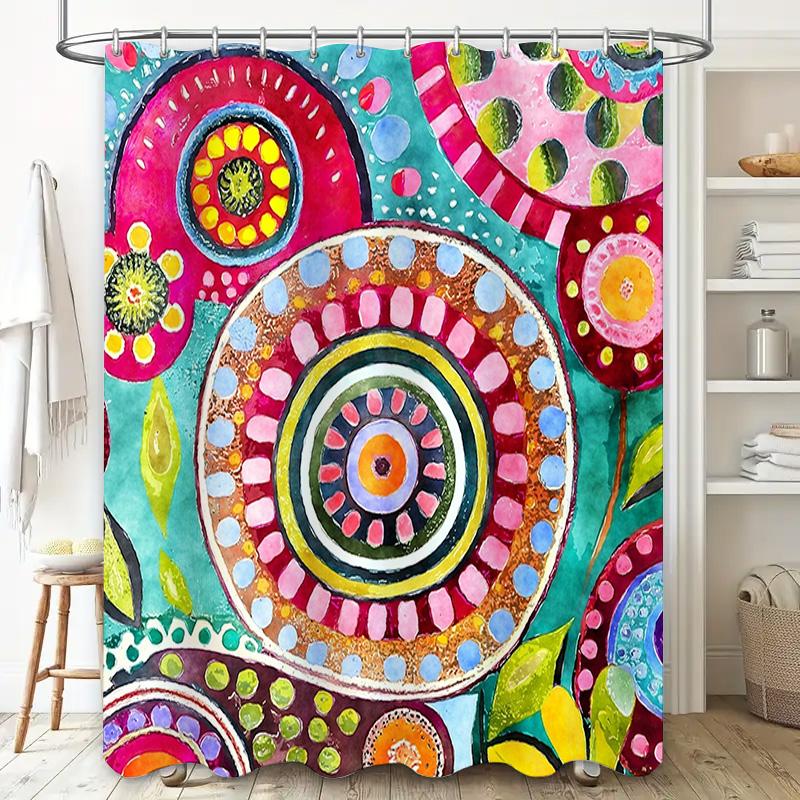 Bright Abstract Shower Curtain Bath Decor with Floral Circle Patterns in Pink, Blue, Yellow Green Colors Size 72 x 84 Inches (1