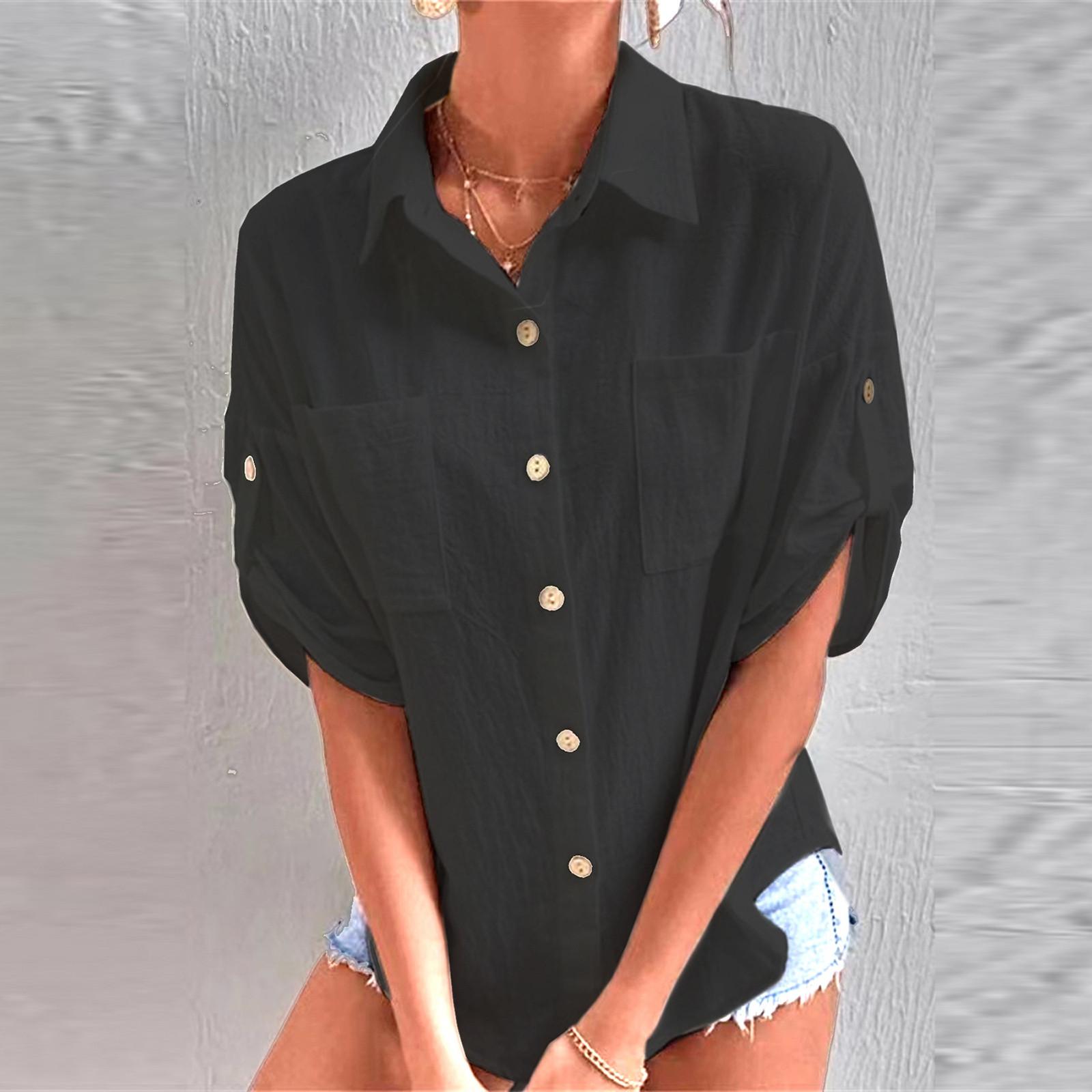 

Женская модная хлопковая льняная однотонная модная блузка с карманами и пуговицами, топ XXL чёрный