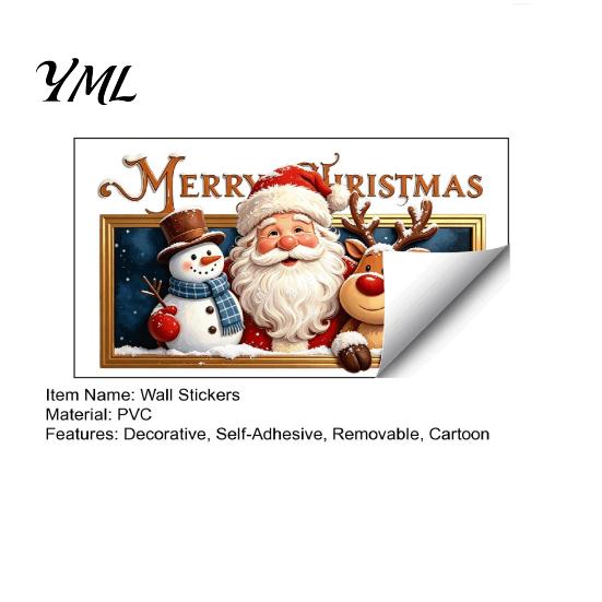 Christmas Party Supplies for Walls Wall Stickers, Santa Claus Reindeer And Snowman Decals with Photo Frame Design, Removable PVC Self-adhesive