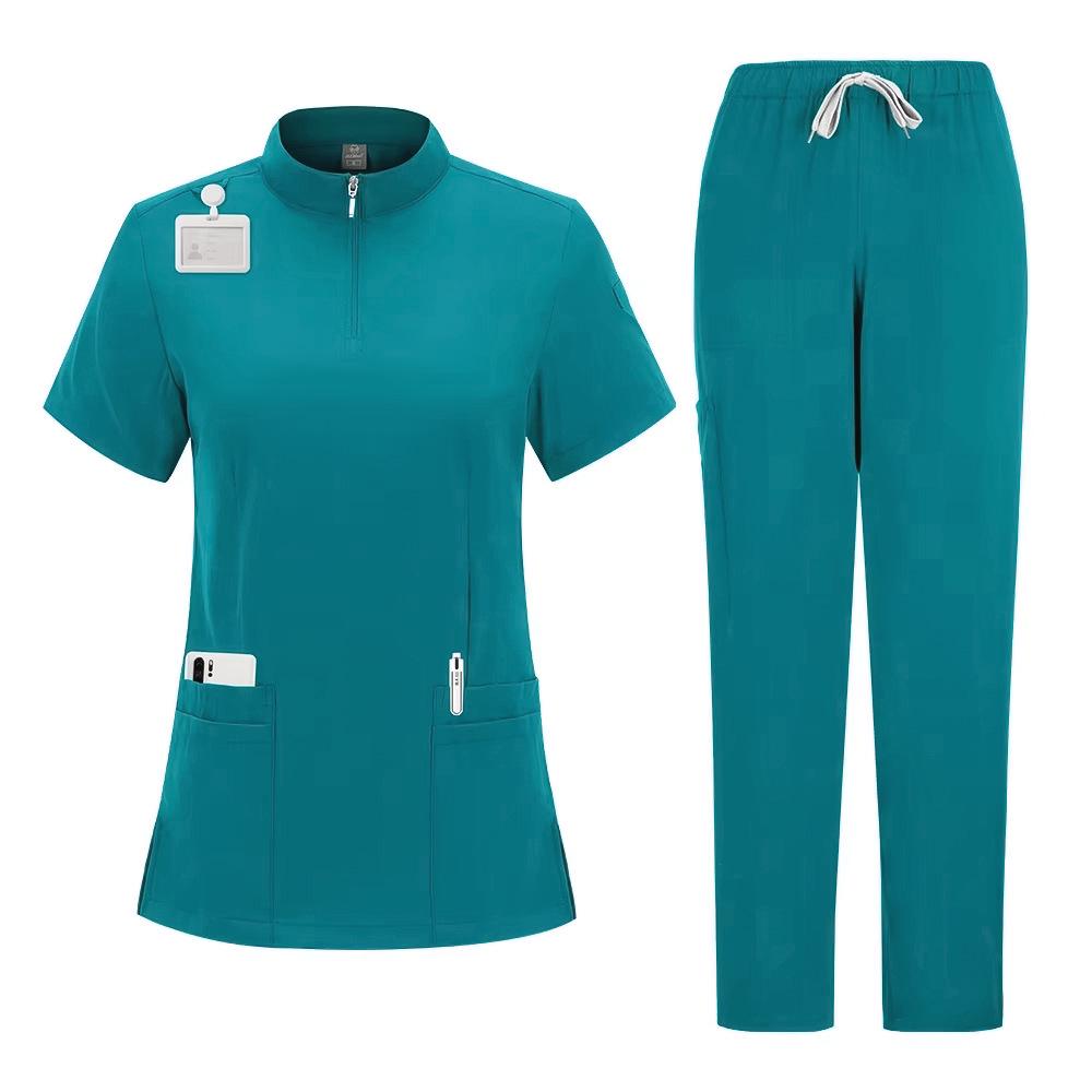 Solid Color Surgical Scrub Set: Stand-up Collar, Zipper Top, Straight Leg Pants
