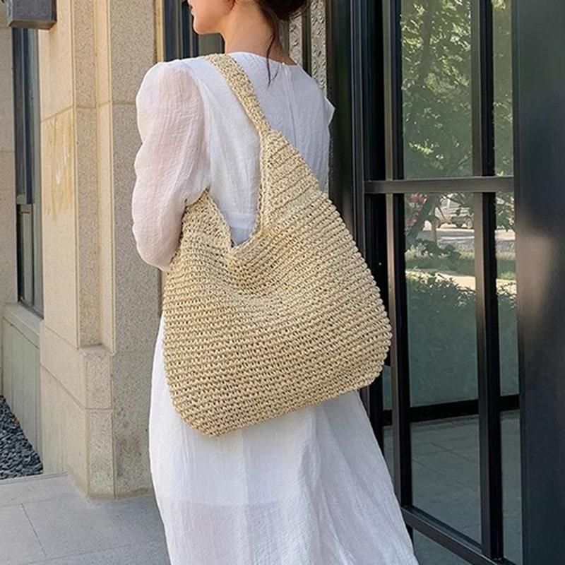 Yogodlns New Grass Women Travel Beach Bags Single Handle Shoulder Bags Grass Large Capacity Tote Bag Hand Woven Bag for Women