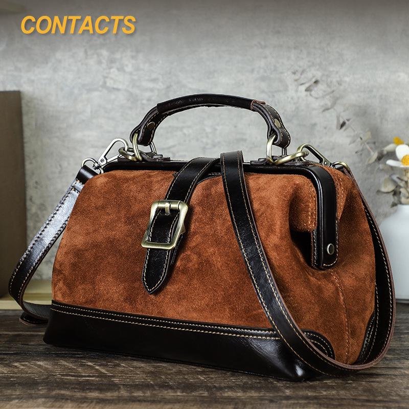 Black Angel Glossy Cowhide Suede Women's Doctor Handbag - Genuine Leather Two-way Crossbody Bag