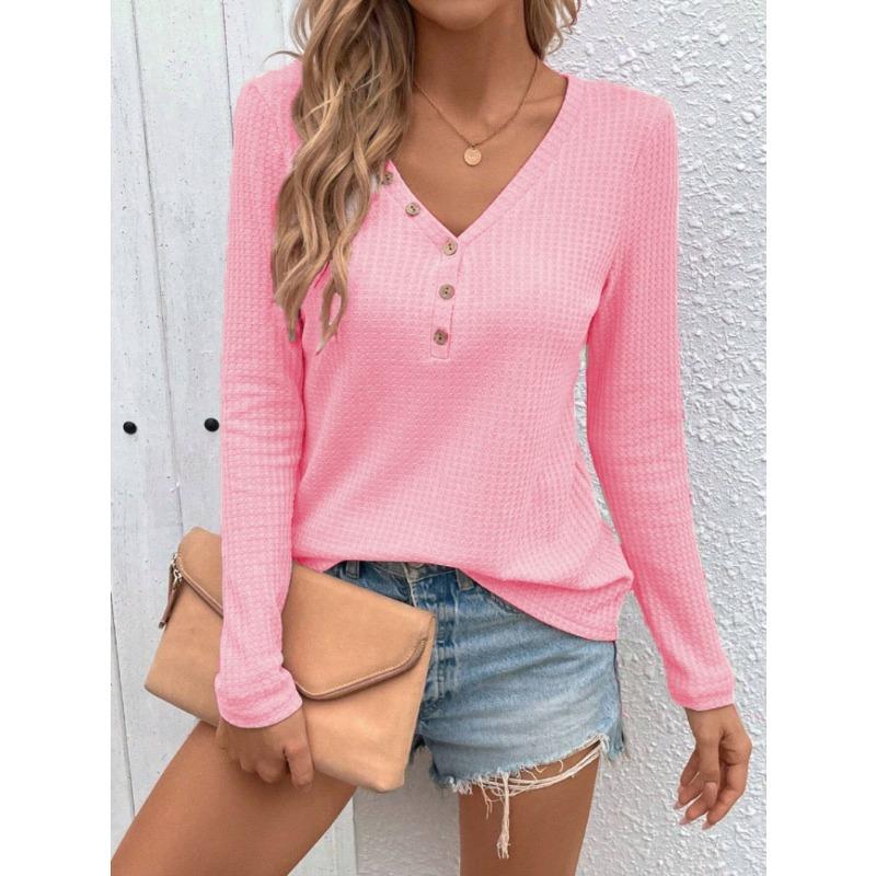 New Women's V-neck Button Solid-color Long-sleeved T-shirt for Autumn and Winter