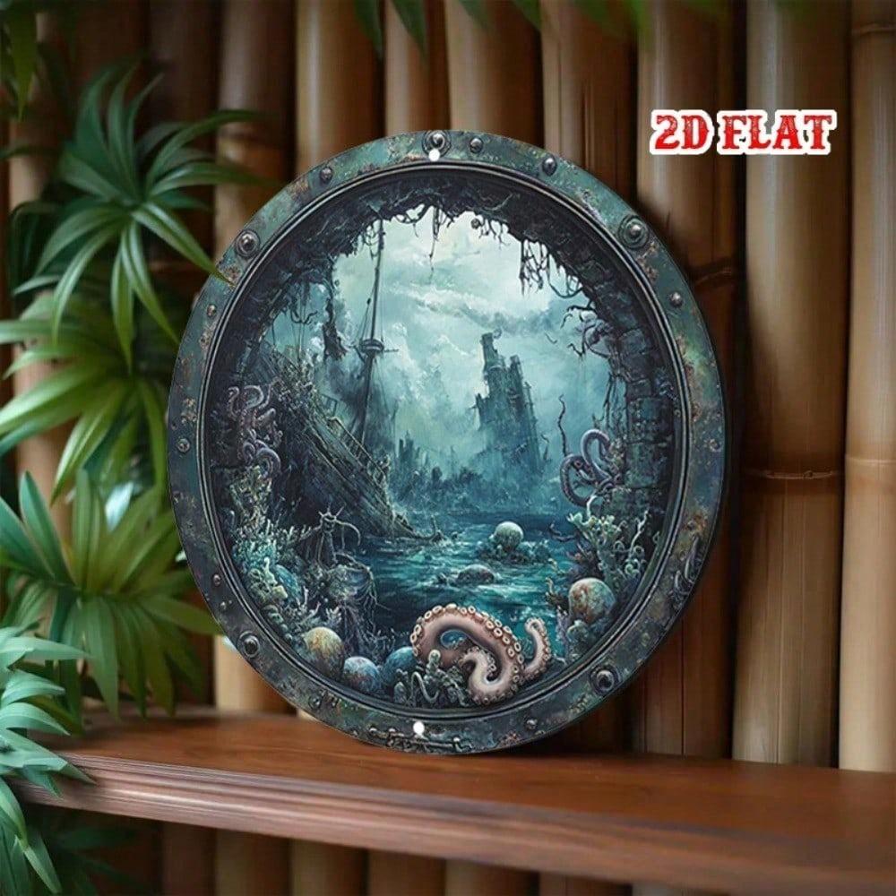 1pc Vintage Nautical Octopus Porthole Metal Wall Art Sign, Fantasy Underwater Ruins Aluminum Round Home Decor