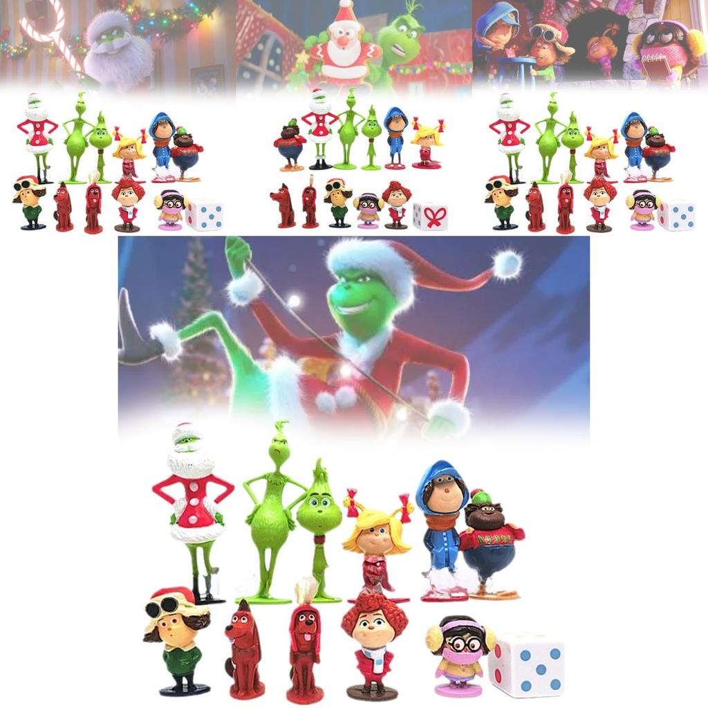 12 Entzückende Grinch-Figuren Weihnachten Thema Grüne Fellcharaktere Sammlerdeko