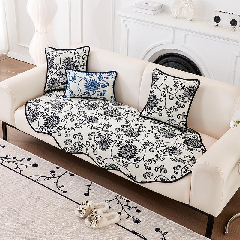 

Новая сине-белая фарфоровая подушка для дивана в китайском стиле, высококачественный доступный роскошный чехол для дивана из синели, нескользящий универсальный коврик Four Seasons 90*90cm
