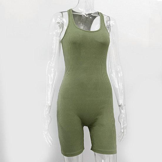 Tuta da Yoga Senza Maniche Scollo a U Schiena a Croce Costinata Monocolore Alta Elasticità Bodycon Tuta Attività Streetwear