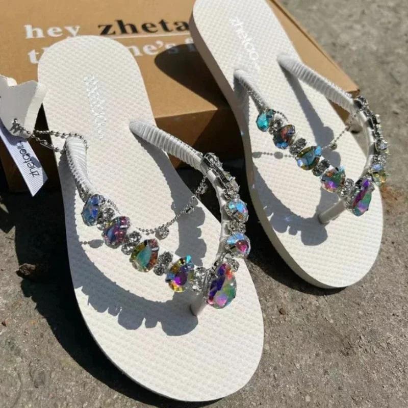 

Fashion 2024 Hot Sale Shoes for Women Summer Women s Slippers Mixed Colors Brilliant Diamond Open Toe Low-heeled Beach Slippers Women 35 білий
