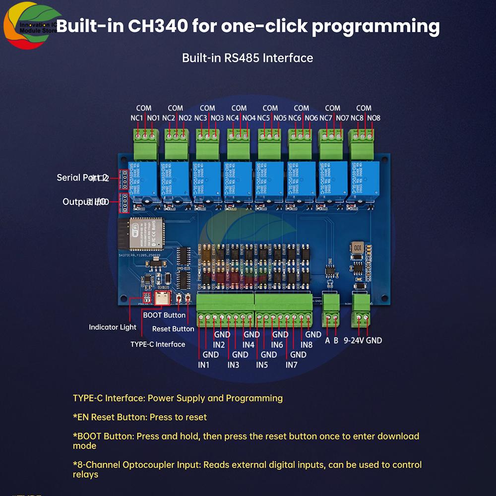 DC 9-24V 4-Channel/8-Channel Esp32 Rs485 Modbus Wifi Bluetooth Development Board Relay Optocoupler Isolation Module Tyep C