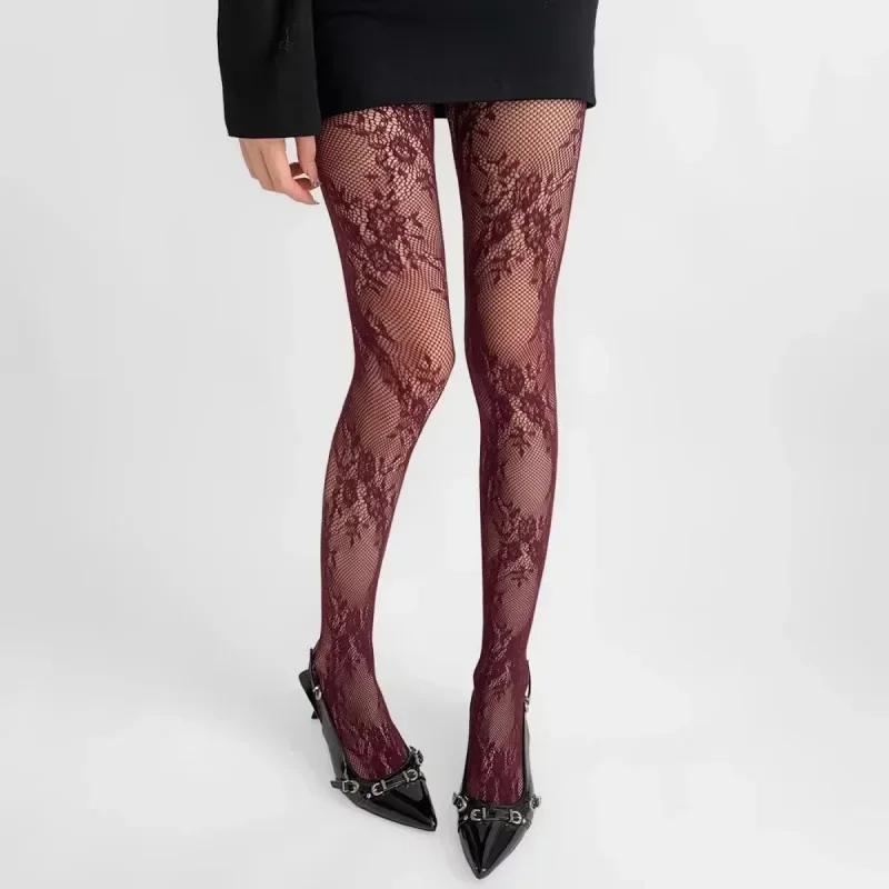 Hollow Flower Pantyhose Lace White Stockings Retro French Black Silk Girl Fishing Net Socks Jacquard Base Socks