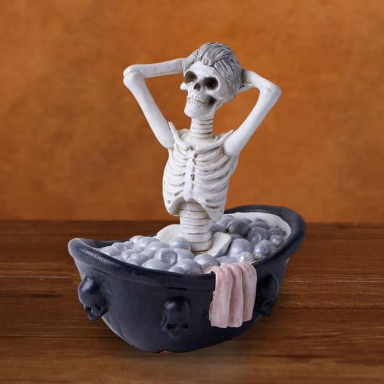 Halloween Skeleton Figurine Resin Bathing Skeleton Statue Desktop Skeleton Ornament for Bookshelves Tables Cabinets