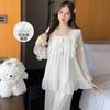 Ling Lei Chunqiu Solid Color Square Neck Lace Lace Sweet Loose Princess Wind Mesh Pajamas Set Loungewear