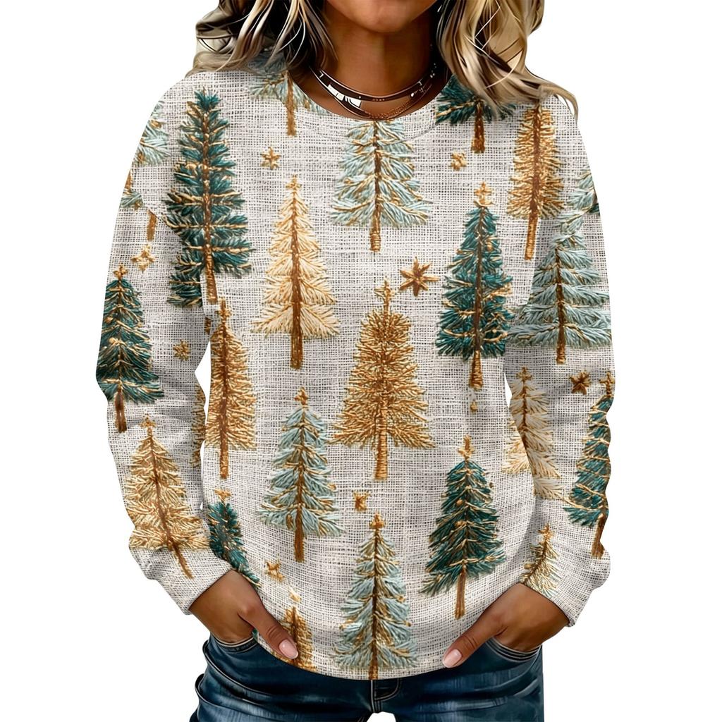 Women's Casual Long Sleeve Christmas Print Neck Pullover Sweatshirt Top
