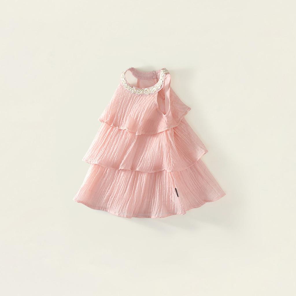 Girls Casual Dresses Summer Children Clothing Sweet Vest Baby Cake Round Collar Fashion Soild Sweet Pink