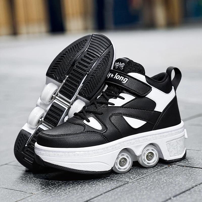 Women's High Top 4 Wheel Speed Roller Shoes Unisex Automatic Pop-up Sneakers With Wheels Dual-purpose Skating Casual Shoes