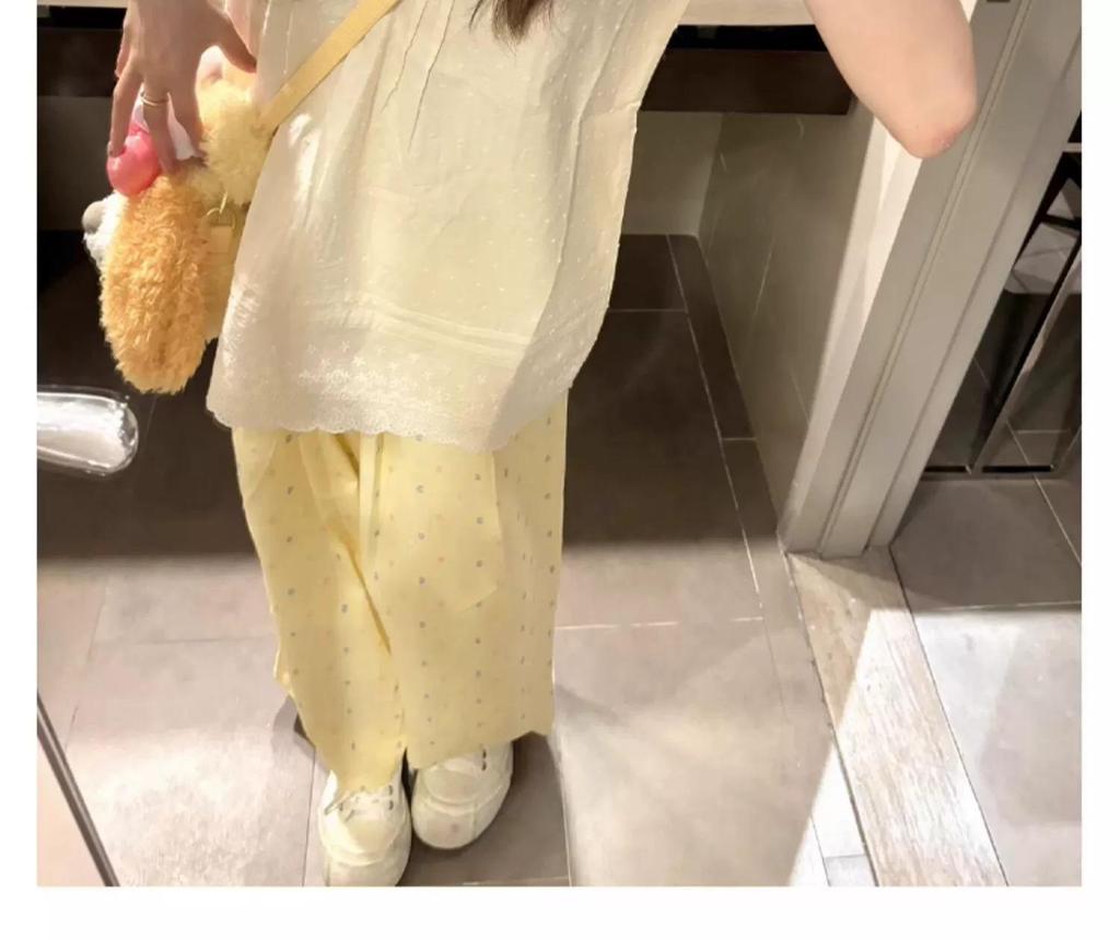 Women’s Summer High-Waist Dopamine Yellow Polka Dot Wide-Leg Pants | 145cm | Ice Silk | Petite Draping Style