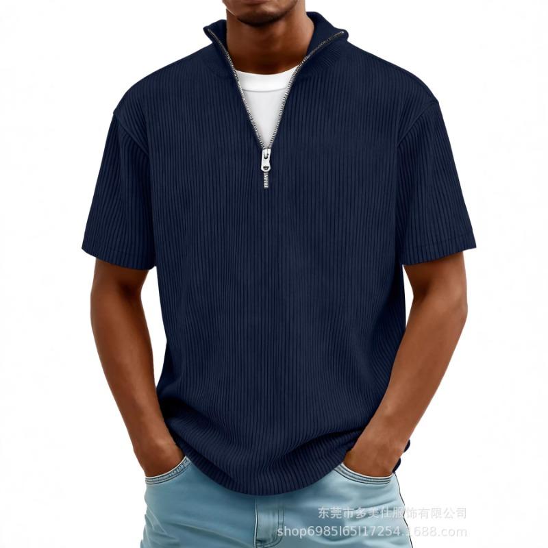 Summer New Men's Solid Color Zipper Striped Casual Short Sleeve T-Shirt