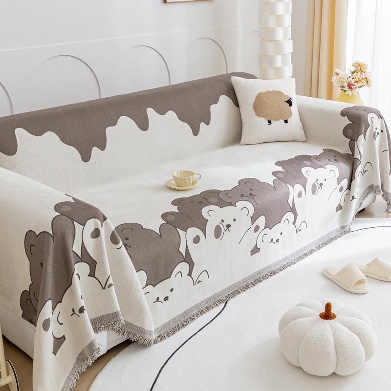 Cartoon Bear Sofa Towel Tassel All Inclusive Non Slip Cover Living Room Universal Comfortable Dustproof Cushion Machine Washable