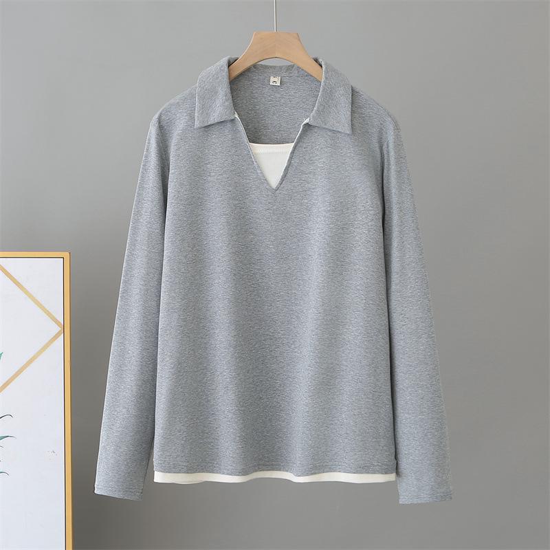 2026 Spring Plus Size Women's Long Sleeve Color Block 2-in-1 Cotton T-Shirt Slimming Top