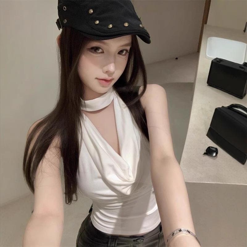 Khaki Backless Cowl Neck Halter Tank Top - Women's Summer Sleeveless Top