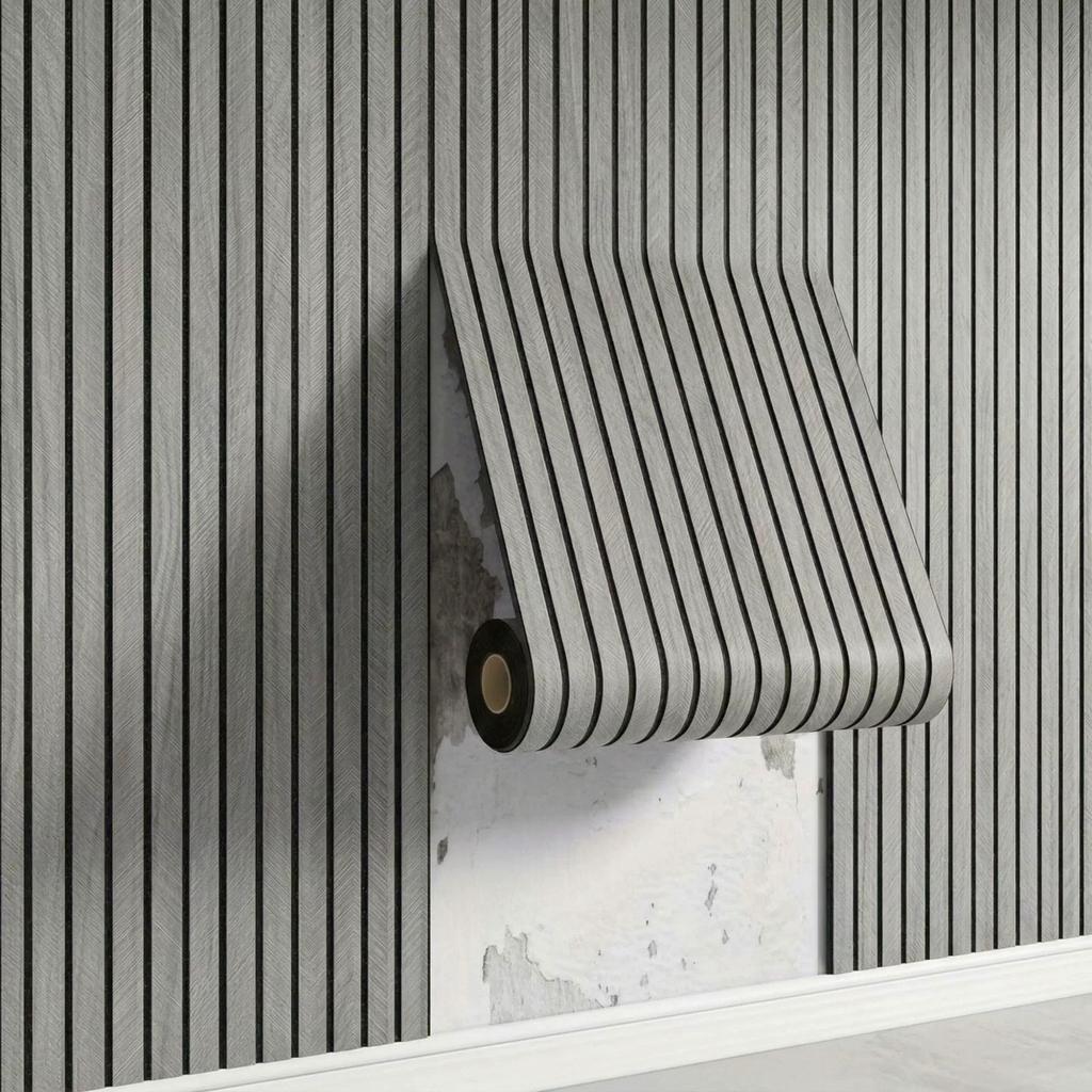 Self-adhesive Wood-grain Slat-effect Wall Sticker – 3D Grooved Grid-stripe Panel Wallpaper Roll