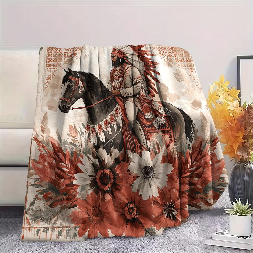 Native Americans and Animals  Print Flannel Blanket, High Quality Comfortable for All Seasons, Home Decor, Warmth and Comfort