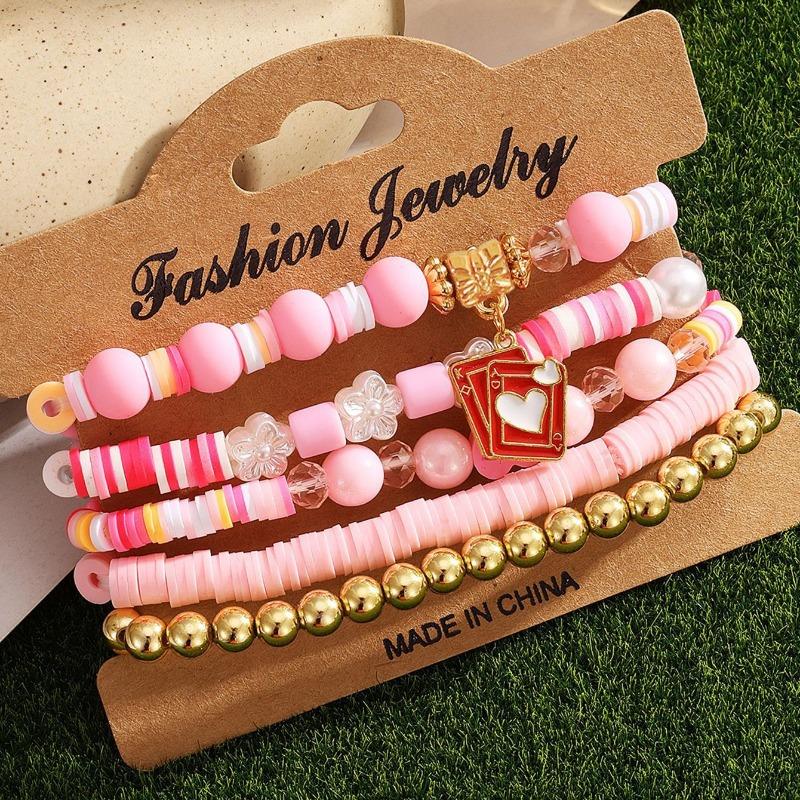 Valentine's Day Bracelet Multi-layer Stacked Pink Love Pendant Bracelet Soft Pottery Beaded Elastic Bracelet