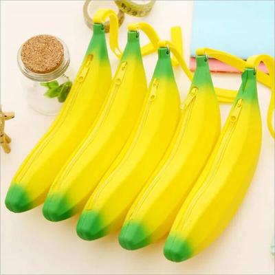 Novelty Yellow Banana Silicone Pencil Case Stationery Storage Pencil Bag Dual Coin Purse Key Wallet Promotional Gift Stationery