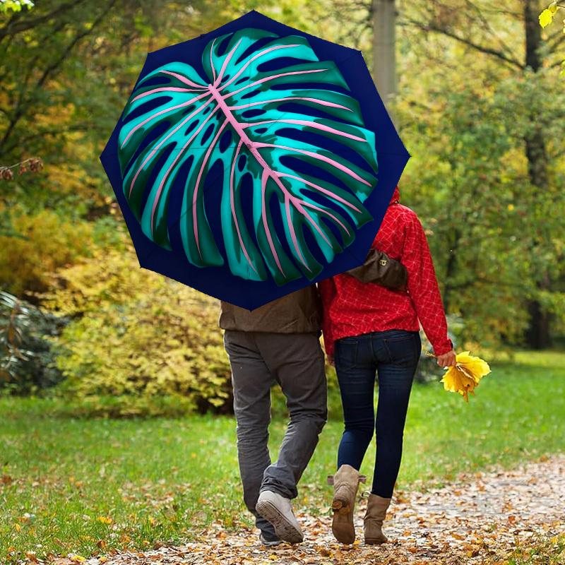 1pc Monstera Leaf Pattern Automatic Folding Umbrella, Heavy Duty 8 Rib Iron Frame,  Suitable for Travel, Daily Use, Birthday, Decor Gift  73