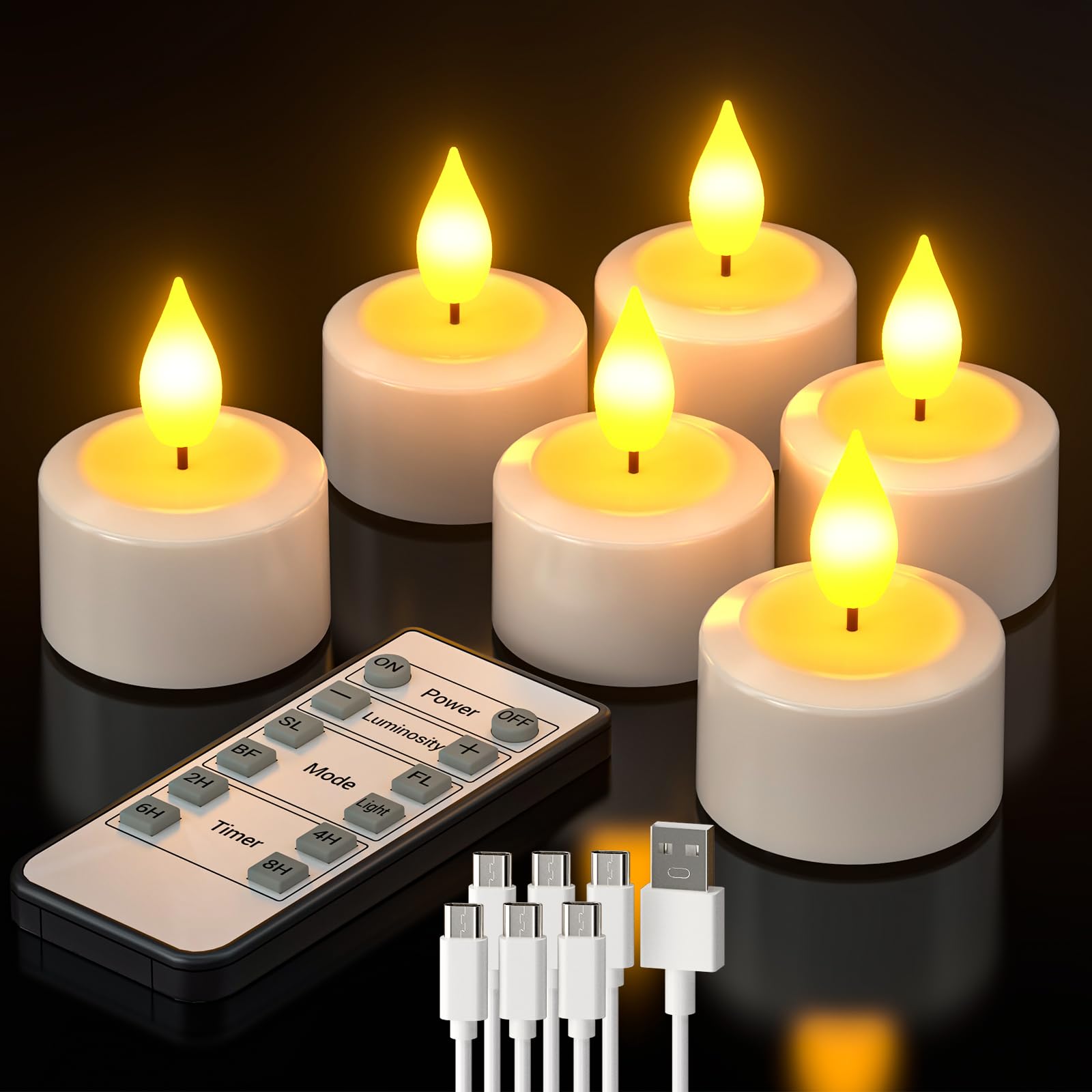 

PChero Rechargeable LED Candles with Timer, USB Rechargeable Flameless LED Tealights, Energy-Saving, Set of 6, for Indoor and Outdoor Decoration,