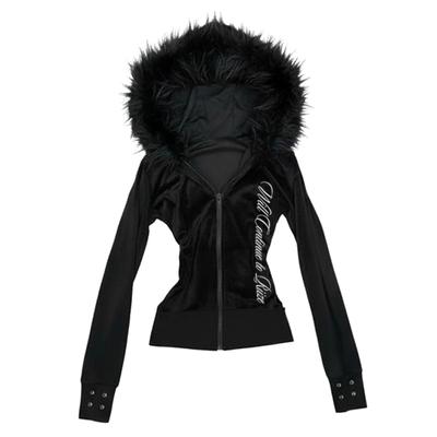 2KWEIRD Y2K Harajuku Gothic Damen Hoodie Sexy Schlank Chic Wildleder Pelzkragen Buchstaben Druck Strickjacke Sweatshirt Ästhetisch Damen Streetwear