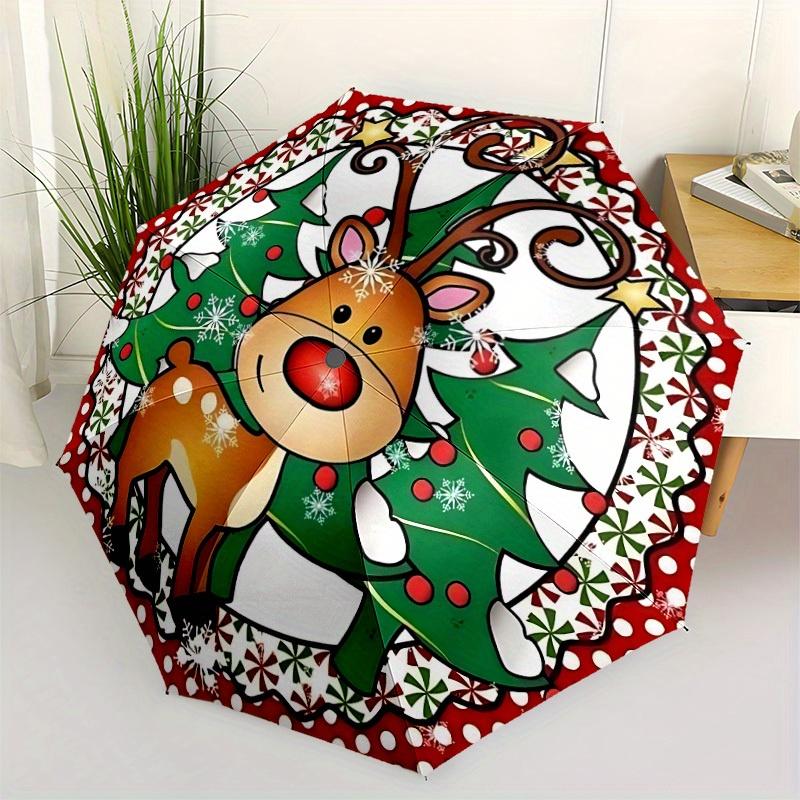1pc Christmas, Reindeer Automatic Folding Umbrella - 8-Rib Iron Frame, Windproof, Portable Sunshade with Plastic Handle for Travel & Outdoor