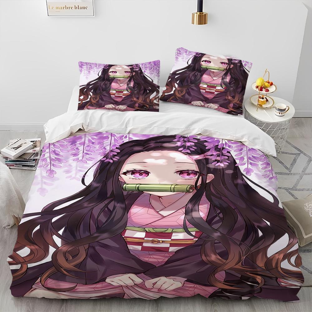 Demon Slayer Bedding Set Kamado Nezuko Duvet Cover Set Bedspread Pillowcase King Queen Full Single Size Bed Linen Kids Teen Gift