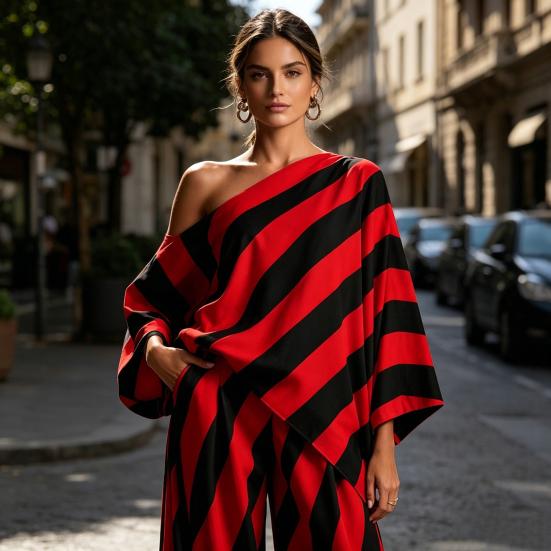 Damen gestreifte 2-teilige Sets Lässiges One-Shoulder-Langarmtop und Hose passendes Set Sommer Lässige Urlaubs-Loungewear Outfits