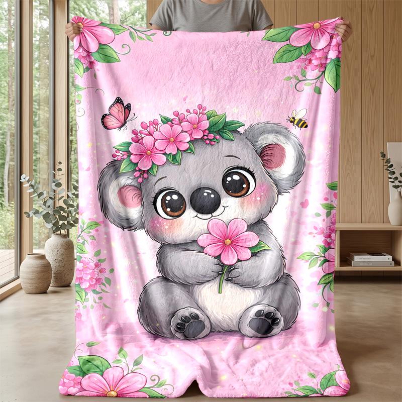 Cute Koala and Birds in Flowers blanket Personalized Name Flannel Blanket Soft Cozy Plush Throw for Sofa Bed Lightweight Home Decor