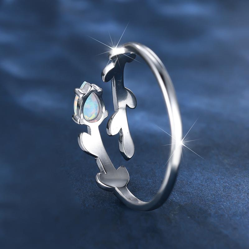 925 Sterling Silver Leaf Shape Elegant White Opal Ring for Women Adjustable Opening Ring Luxury Wedding Jewelry Gift