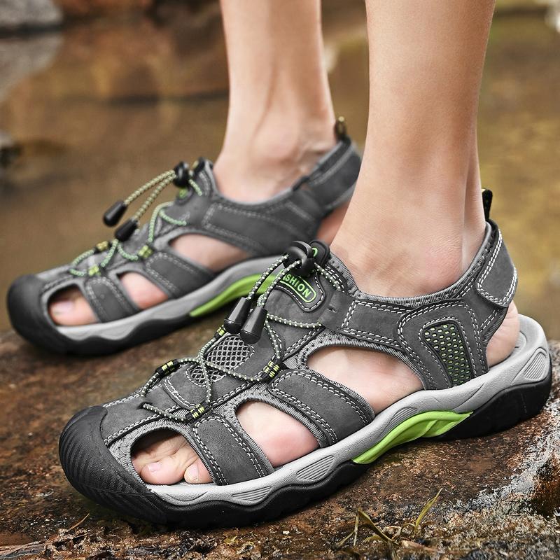 Fashion Genuine Leather Men Sandals Anti-collision Toe Mens Canyoning Shoes Durable Handmade Beach Shoes Non Slip Indoor Outdoor Sandals