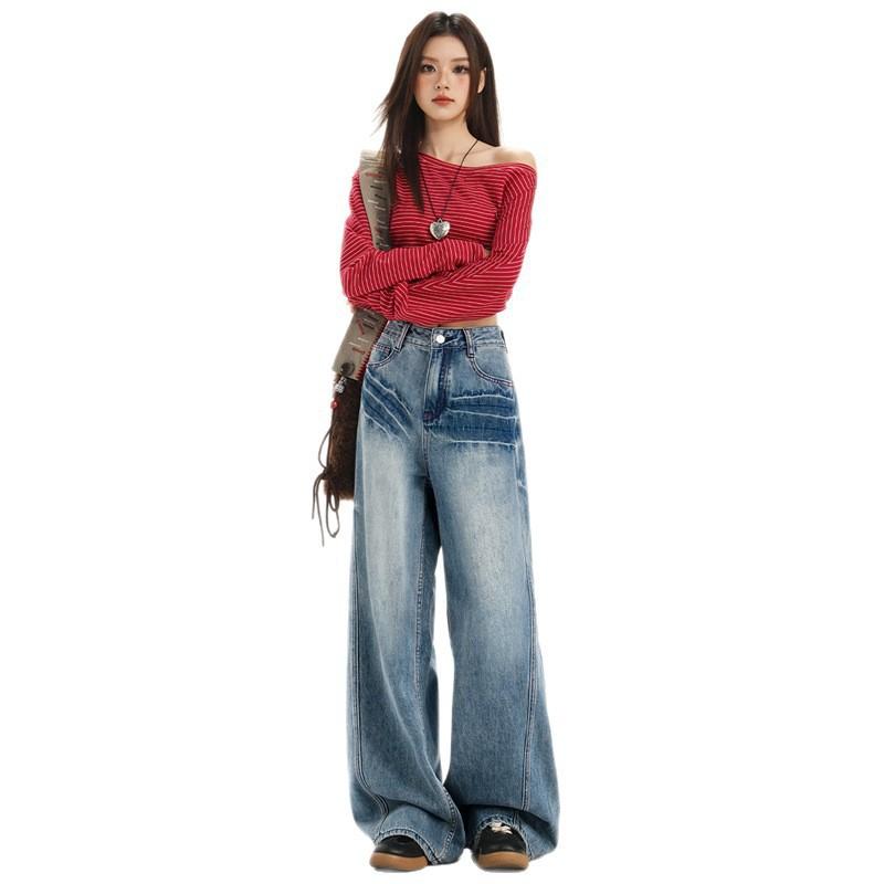 High-Waisted Wide Leg Jeans Women Vintage Washed Blue Denim Straight Fit Cropped To Floor Length Cotton Ripped Detail